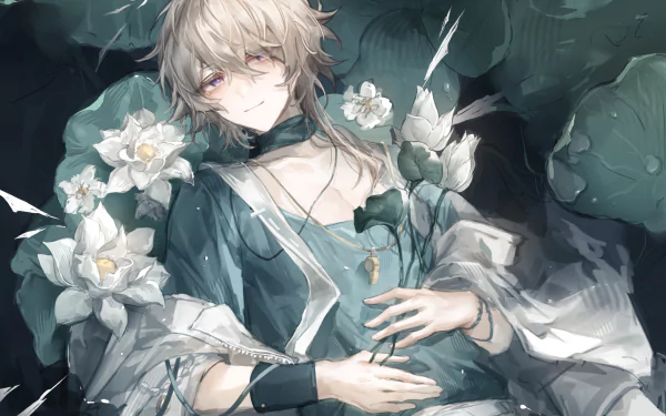 Enforcer (Arknights) reclining among white flowers, pale tousled hair, teal robe and choker, delicate necklace, soft lighting — HD PC desktop wallpaper from the Arknights video game.