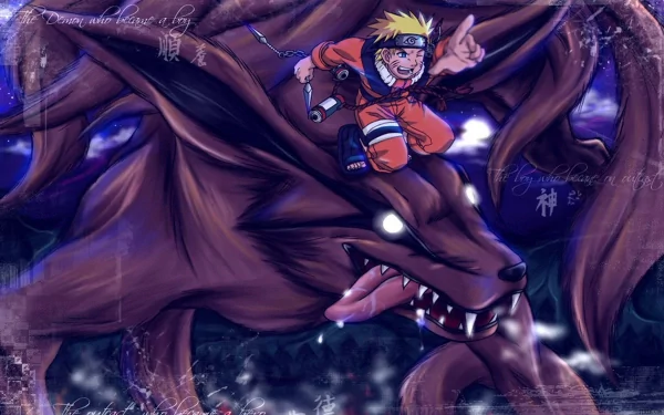 HD desktop wallpaper featuring Naruto Uzumaki riding Kurama, the Nine-Tails, from the anime Naruto. The vibrant image showcases the powerful bond between the two characters.
