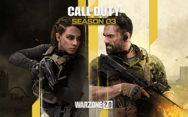 HD desktop wallpaper for Call of Duty: Warzone 2.0, featuring two armed characters positioned back-to-back, with a fiery urban backdrop and a bold yellow graphic.