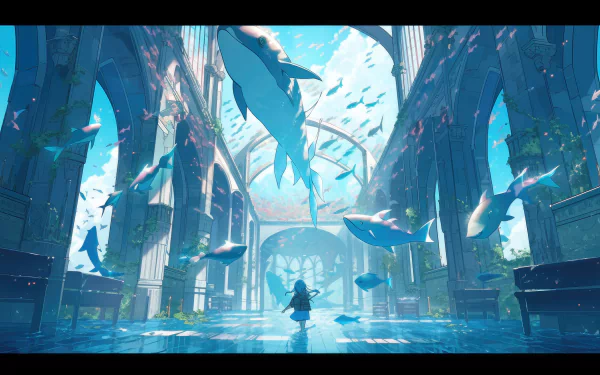 A stunning 8K Ultra HD anime-style underwater cathedral scene by AI art, featuring a small figure surrounded by swimming whales and vibrant aquatic life.
