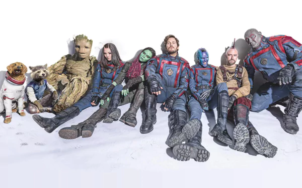 4K Ultra HD desktop wallpaper featuring the main characters from Guardians of the Galaxy Vol. 3 in their iconic space suits, sitting together against a white background.