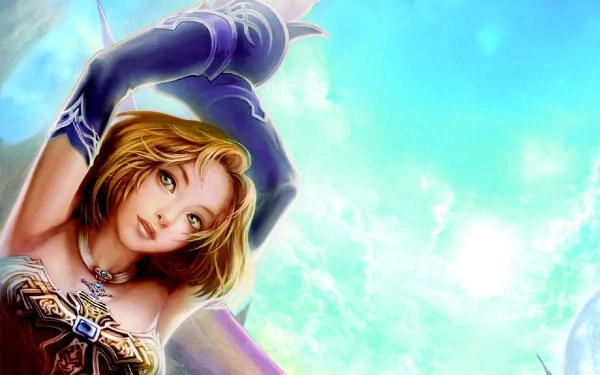 HD PC desktop wallpaper featuring a fantasy character from the video game Lineage against a bright, clear sky background.