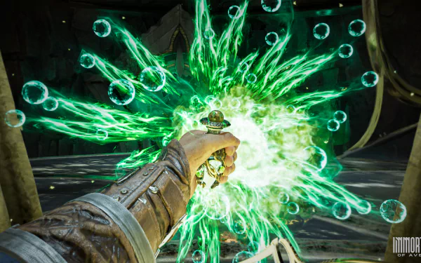 A dynamic HD wallpaper from Immortals of Aveum, showcasing a character casting a powerful, vibrant green spell surrounded by magical bubbles and energy.