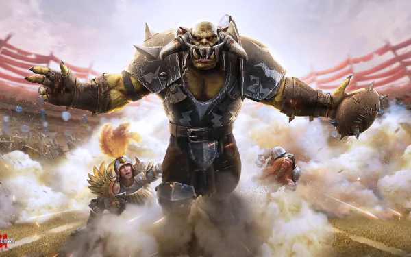 HD desktop wallpaper from Blood Bowl 3 featuring an orc player triumphantly standing on a smoky football field, surrounded by defeated opponents.