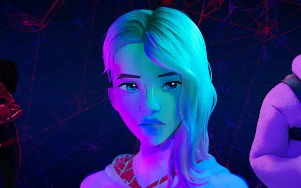 HD wallpaper of a female character from Spider-Man: Across The Spider-Verse, depicted with vibrant blue and purple lighting against a spider-web background.