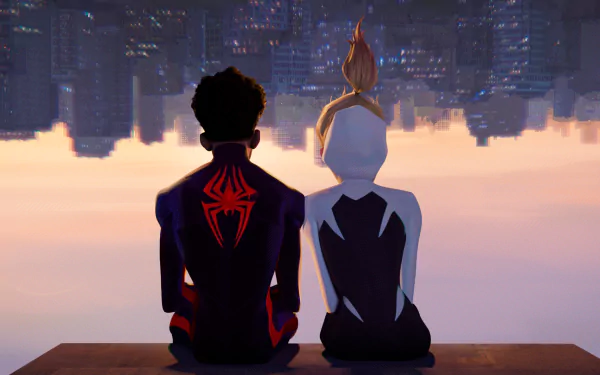 HD wallpaper featuring two characters from Spider-Man: Across The Spider-Verse sitting and looking at a cityscape at dusk.