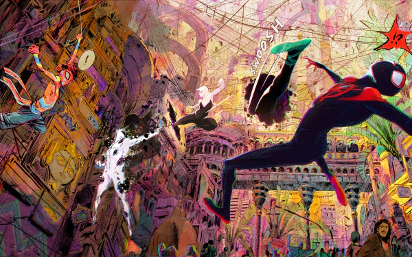 Dynamic Spider-Man: Across The Spider-Verse HD wallpaper featuring multiple Spider-Man characters swinging through a vibrant, multicolored cityscape.