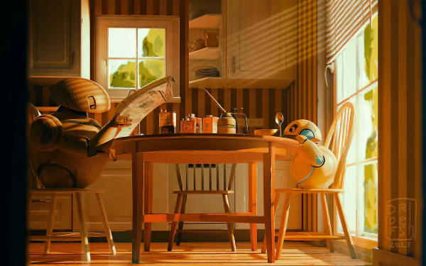 HD desktop wallpaper featuring a cozy, sunlit room with a small robot reading a newspaper at a wooden table, embodying a charming sci-fi theme.