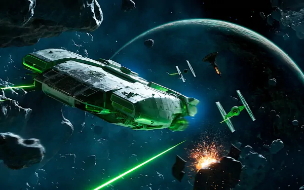 HD PC desktop wallpaper of the video game Star Wars Outlaws: a green-lit transport and starfighters exchanging laser fire amid an asteroid field with a distant planet looming.