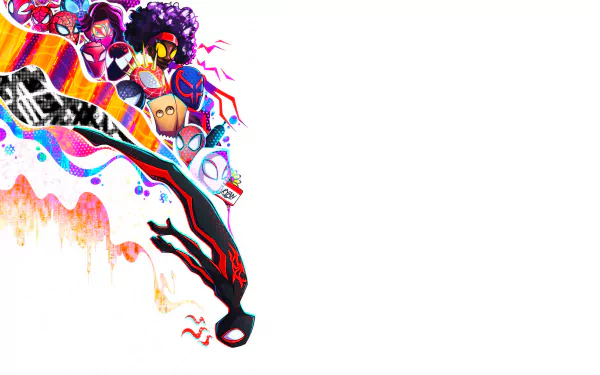 Vibrant 4K Ultra HD Spider-Man: Across the Spider-Verse movie wallpaper featuring multiple Spider-Man characters in dynamic poses against a white background.