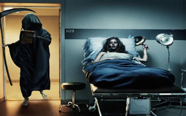 A dark and atmospheric HD desktop wallpaper featuring the grim reaper entering a hospital room, where a woman lies in bed, creating a haunting scene.