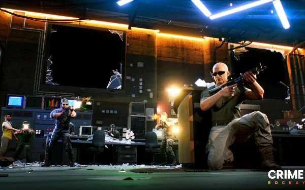 HD desktop wallpaper from Crime Boss: Rockay City video game depicting a tense shootout in a surveillance room.