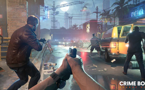 HD desktop wallpaper from the video game Crime Boss: Rockay City, featuring an intense street shootout scene at night.