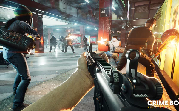 HD desktop wallpaper from the video game Crime Boss: Rockay City, featuring a first-person shooter view of an armed heist in a bustling urban environment.