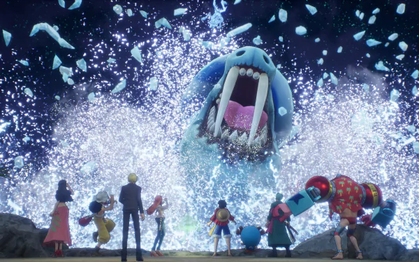 HD desktop wallpaper from One Piece Odyssey video game featuring the main characters confronting a large, menacing sea creature amidst splashing water.
