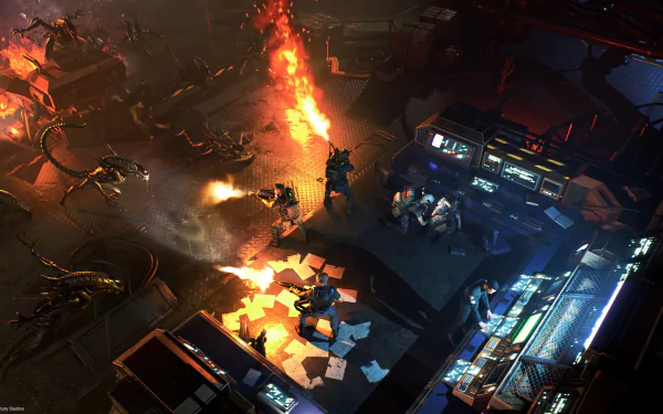 HD wallpaper from the video game Aliens: Dark Descent featuring a tense battle scene with soldiers and aliens in a fiery, chaotic environment.