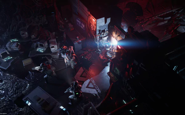 HD desktop wallpaper featuring a scene from the video game Aliens: Dark Descent, with soldiers battling aliens in a dark, chaotic environment.