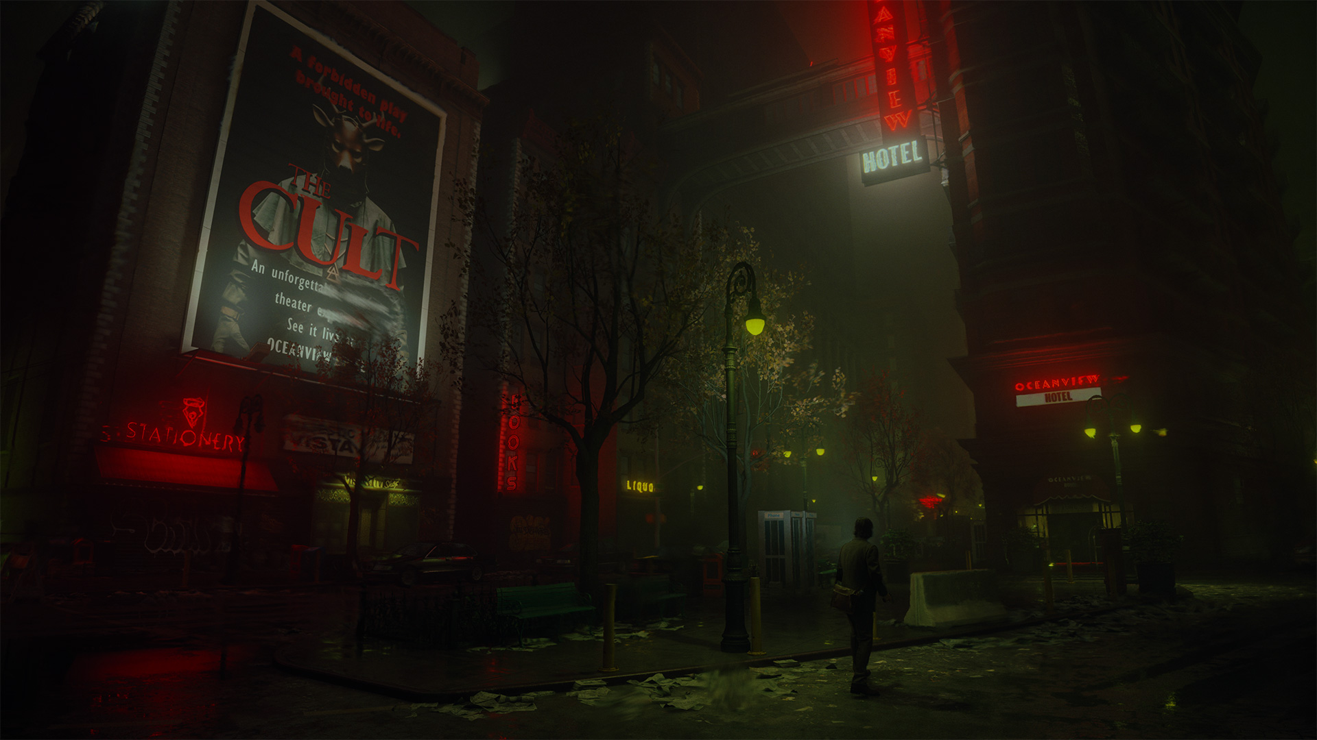 Alan Wake 2 HD desktop wallpaper featuring a suspenseful, foggy street scene with neon signs and a mysterious figure.