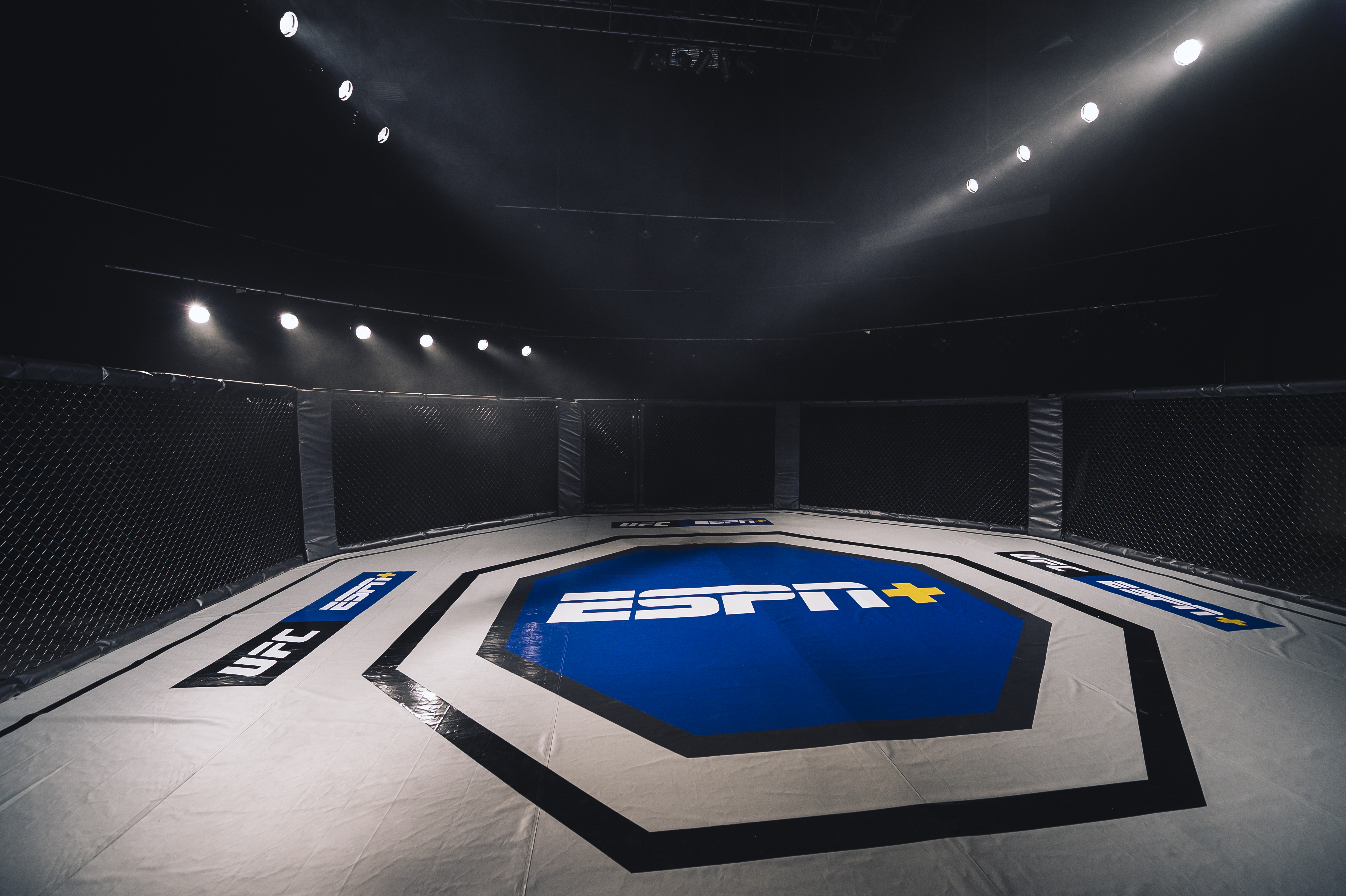 HD wallpaper of an empty UFC octagon with ESPN+ logo, spotlighted in an arena setting, perfect as a desktop background for mixed martial arts enthusiasts.