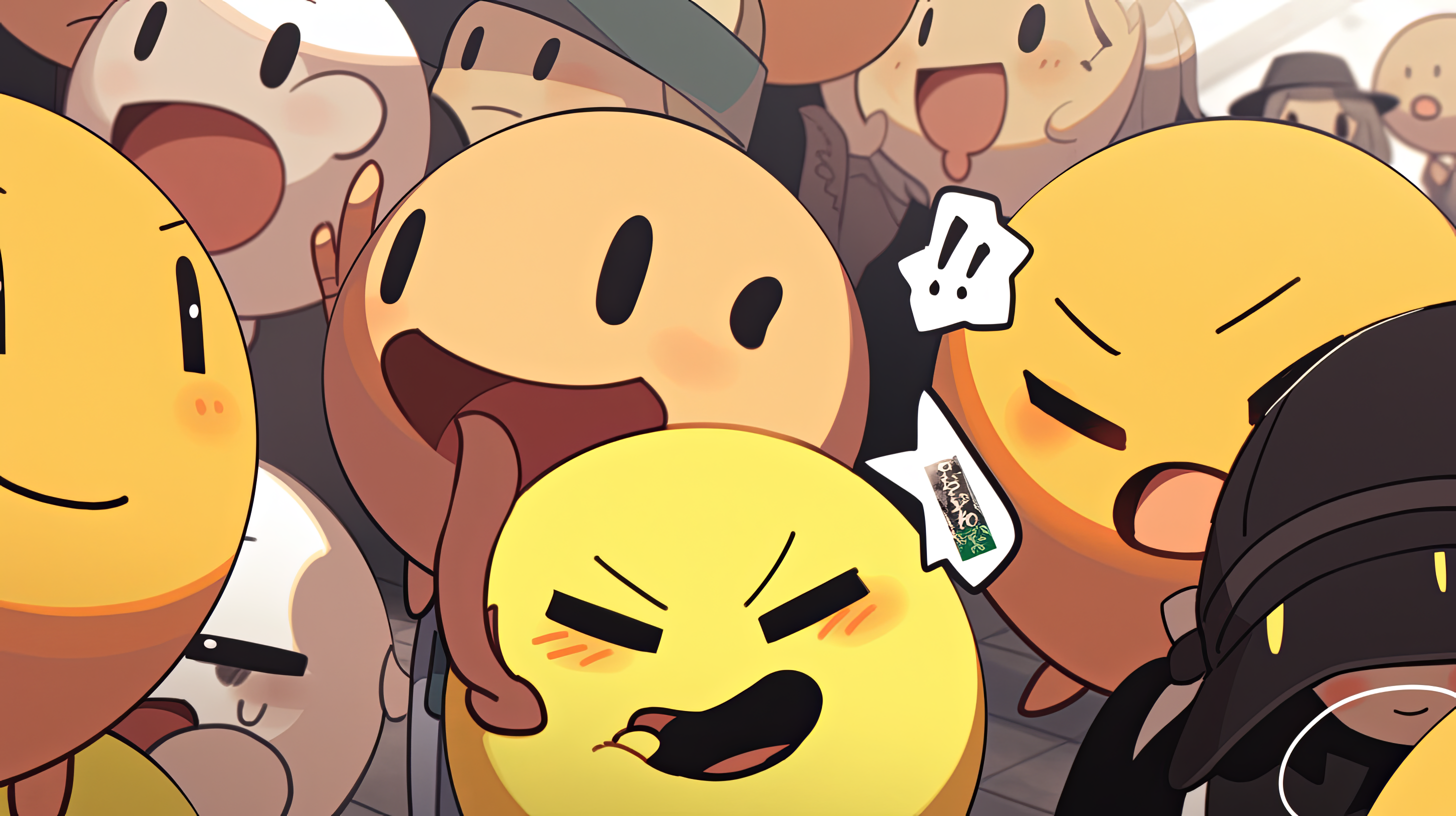 HD desktop wallpaper featuring a collection of stylized emoji characters in various expressions, created with AI art, perfect for a fun and expressive background.