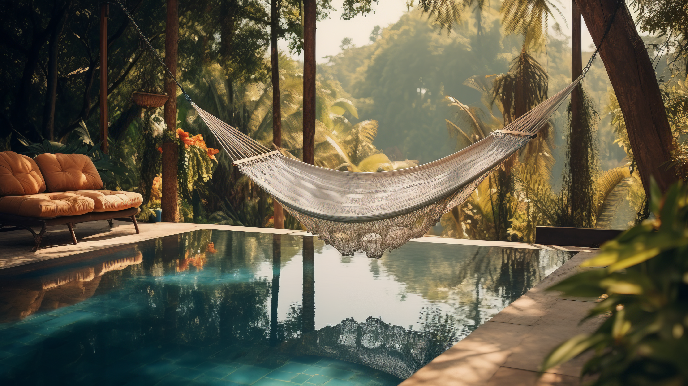 Tranquil AI-generated art of a hammock beside a serene pool with tropical foliage in the background, perfect for HD desktop wallpaper and background.