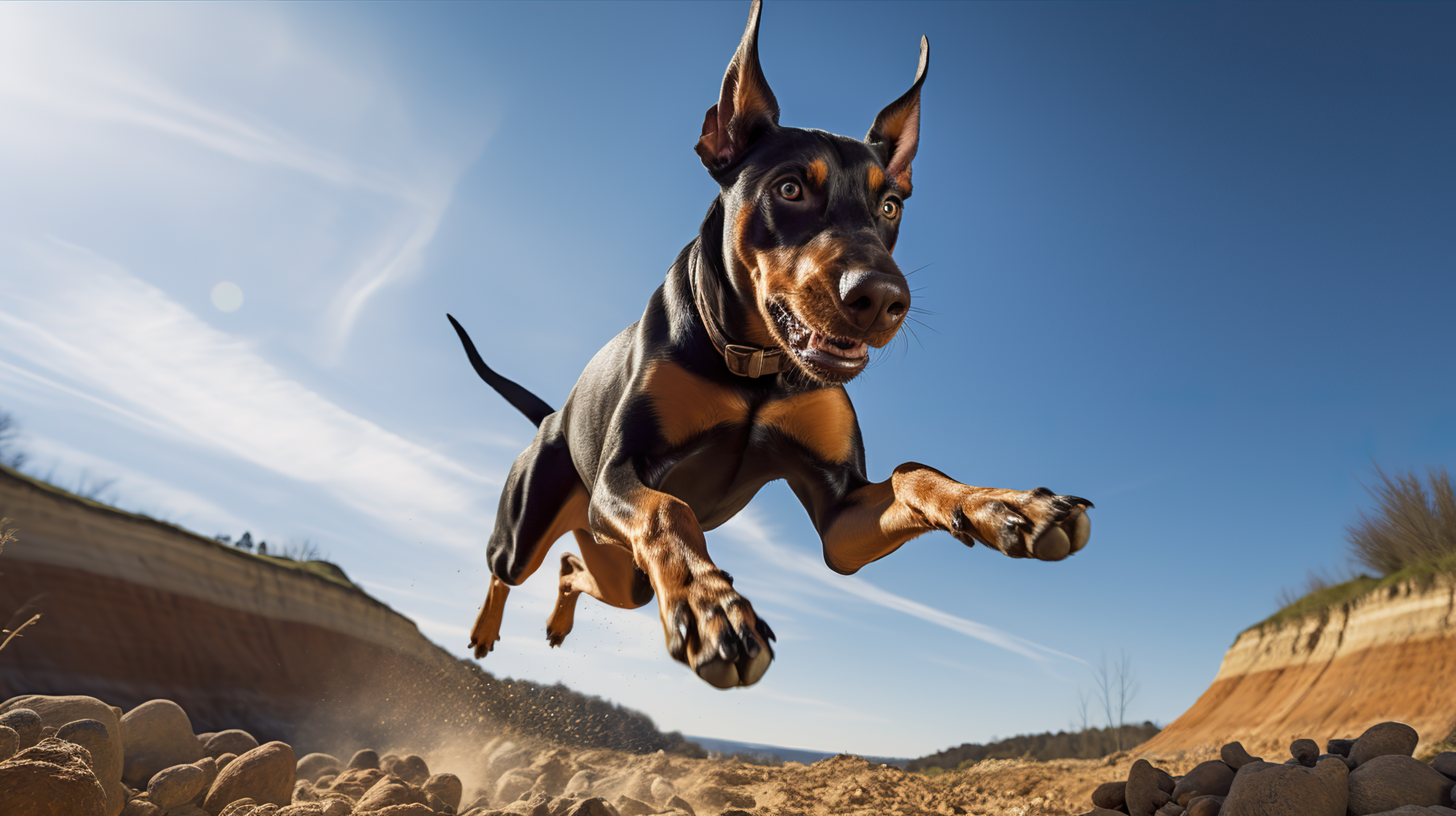 HD desktop wallpaper of a dynamic Doberman Pinscher mid-air in a leap with a clear blue sky and rugged terrain in the background.
