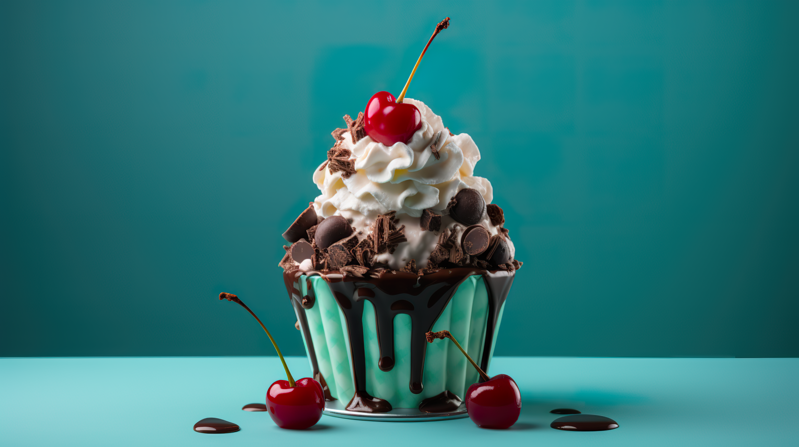 Decadent chocolate sundae topped with whipped cream and cherries, perfect for a HD ice cream themed desktop wallpaper.