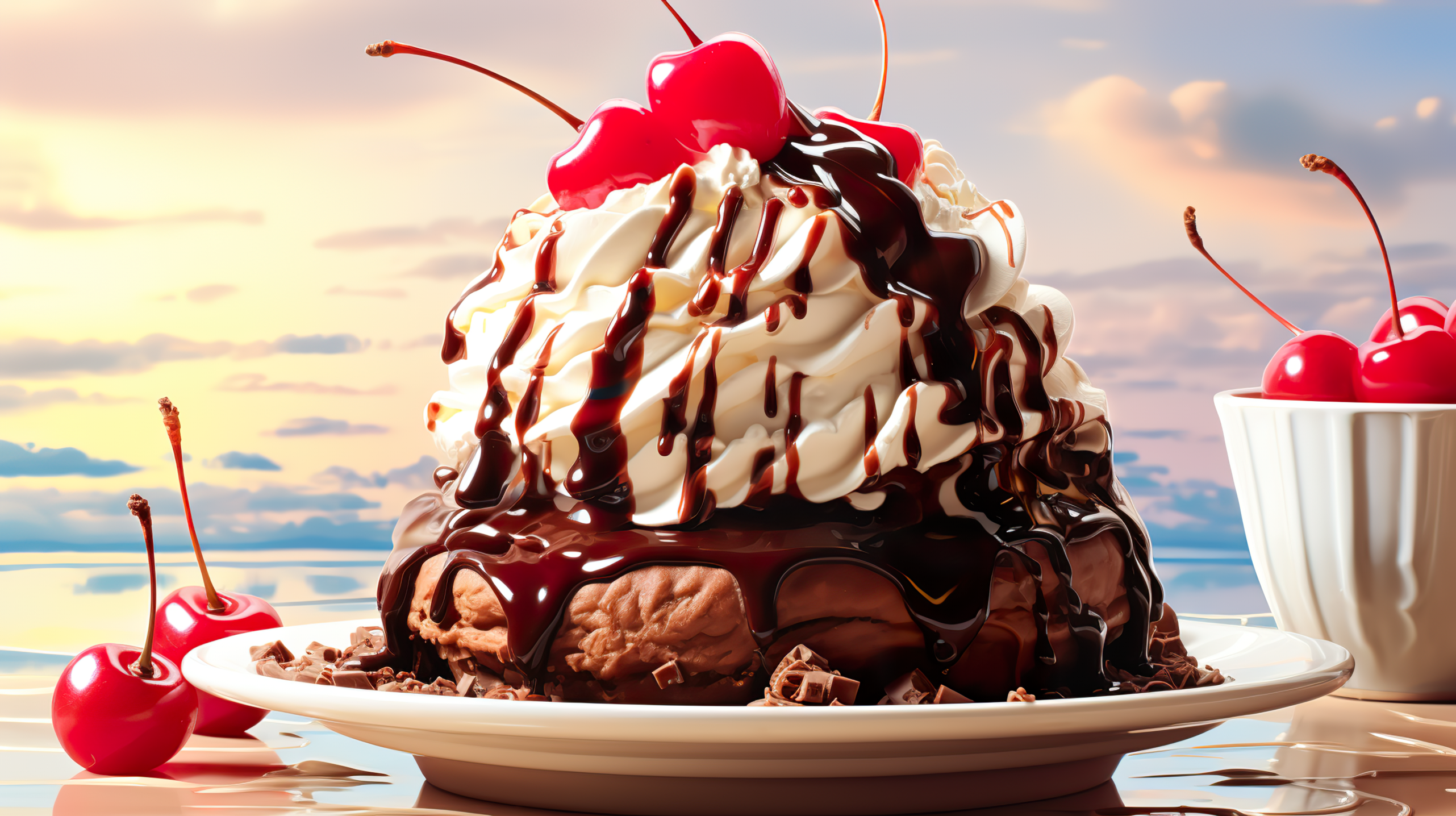 Decadent chocolate sundae with whipped cream, cherries, and drizzled sauce against a sunset sky, perfect as a HD desktop wallpaper or background.