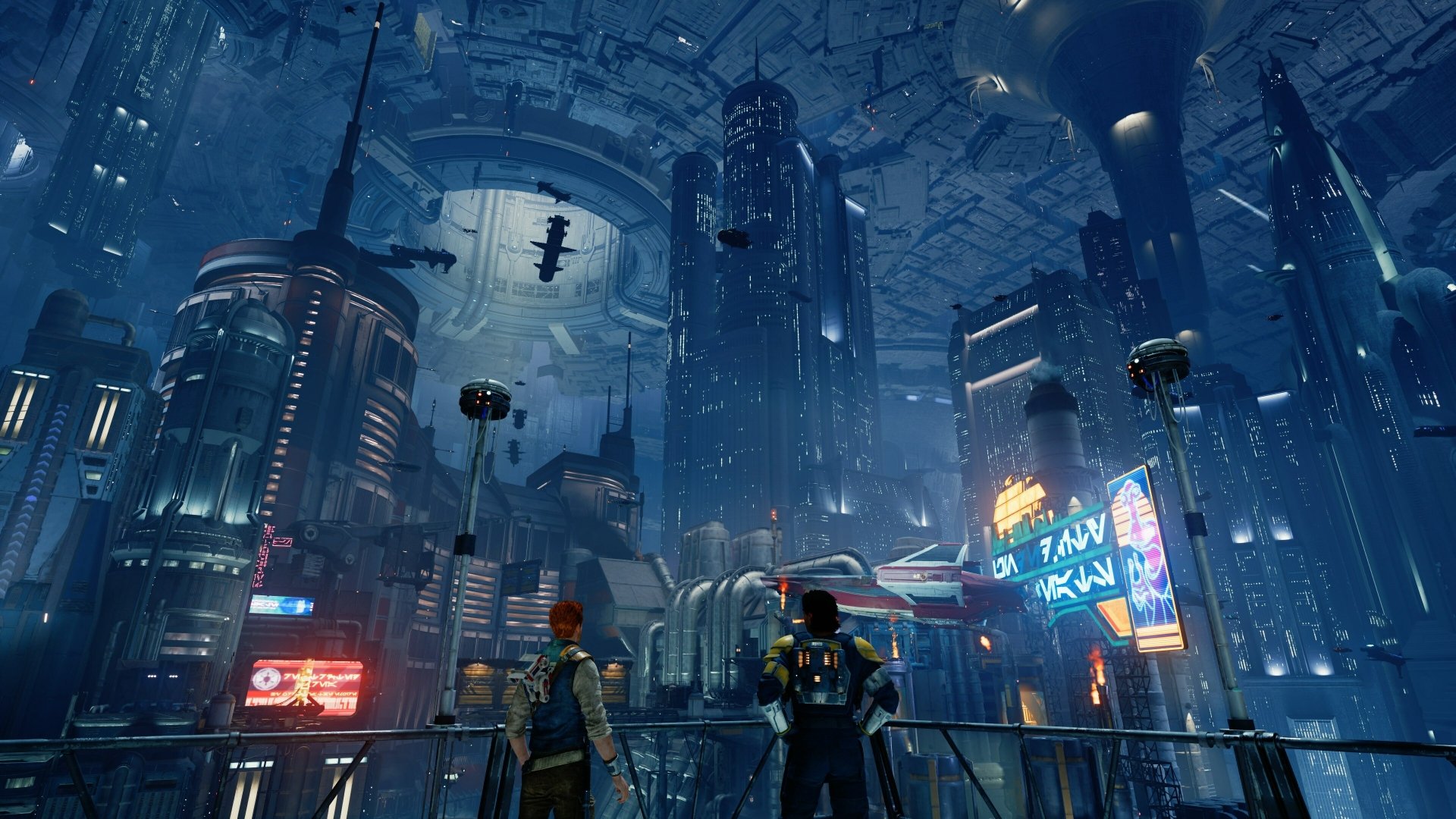 HD wallpaper featuring a scene from Star Wars Jedi: Survivor game with characters overlooking a futuristic cityscape.