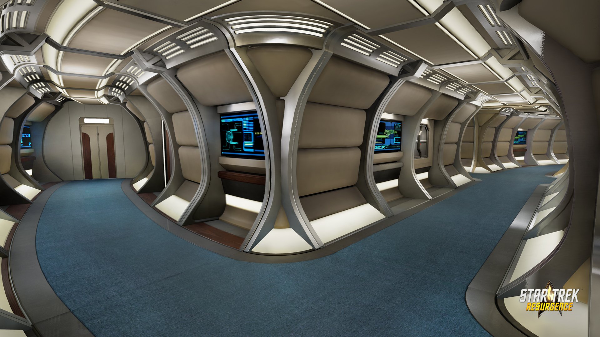 HD wallpaper of Star Trek: Resurgence featuring a detailed view of a spacecraft corridor with futuristic control panels and architecture.