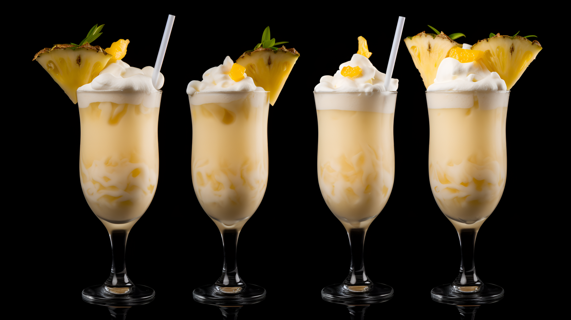 HD wallpaper featuring four Pina Colada cocktails in tall glasses, adorned with whipped cream and pineapple slices, set against a black background.