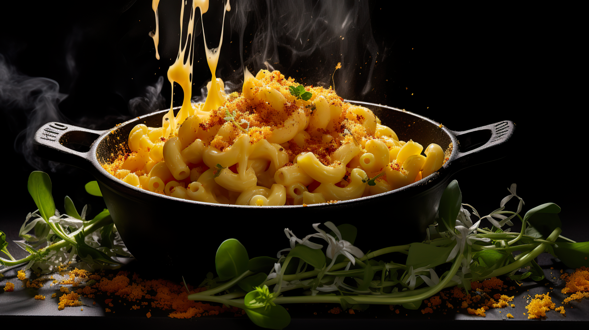 HD desktop wallpaper featuring a steaming skillet of creamy macaroni and cheese, garnished with herbs and breadcrumbs, set against a dark background.