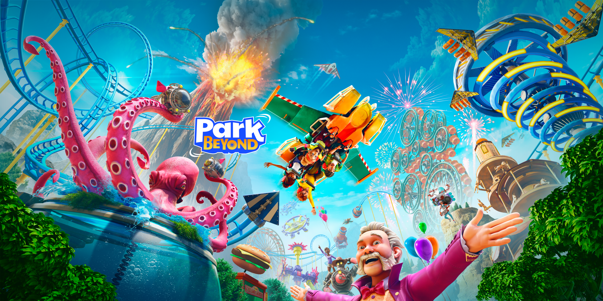 HD desktop wallpaper for Park Beyond featuring a vibrant theme park scene with a giant octopus, roller coasters, and an excited boy reaching for a flying ride.