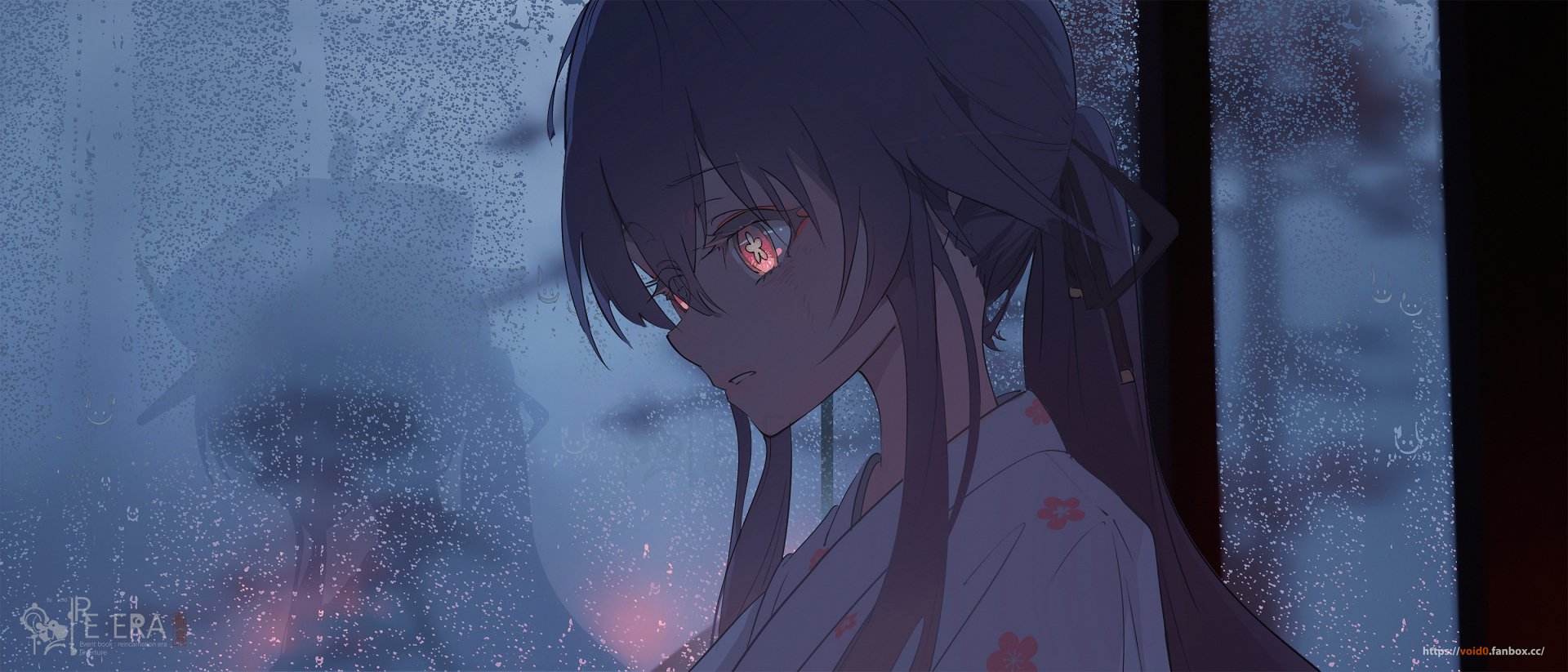 HD PC desktop wallpaper featuring Hu Tao from the video game Genshin Impact, depicted in a moody, rain-soaked scene with glowing red eyes.