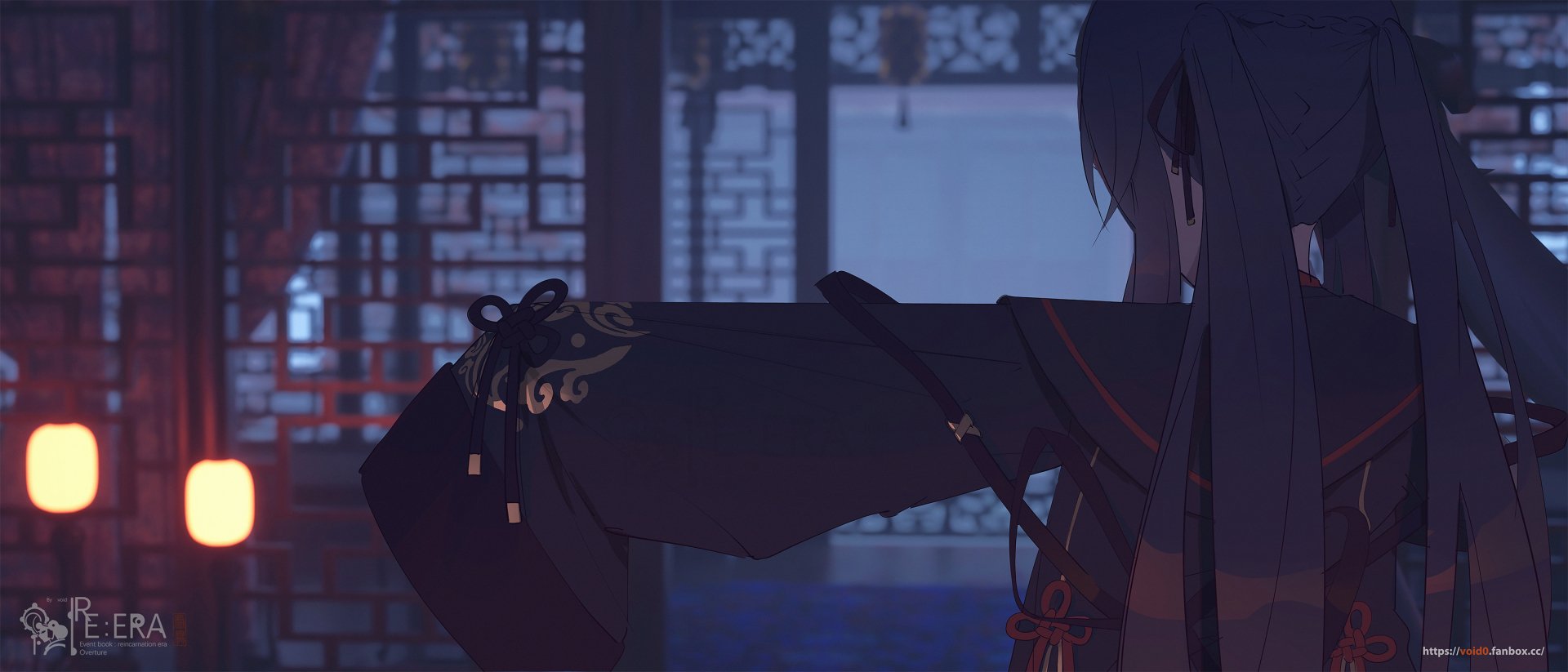 HD desktop wallpaper featuring Hu Tao from the video game Genshin Impact, set in a dimly lit, traditional interior background.
