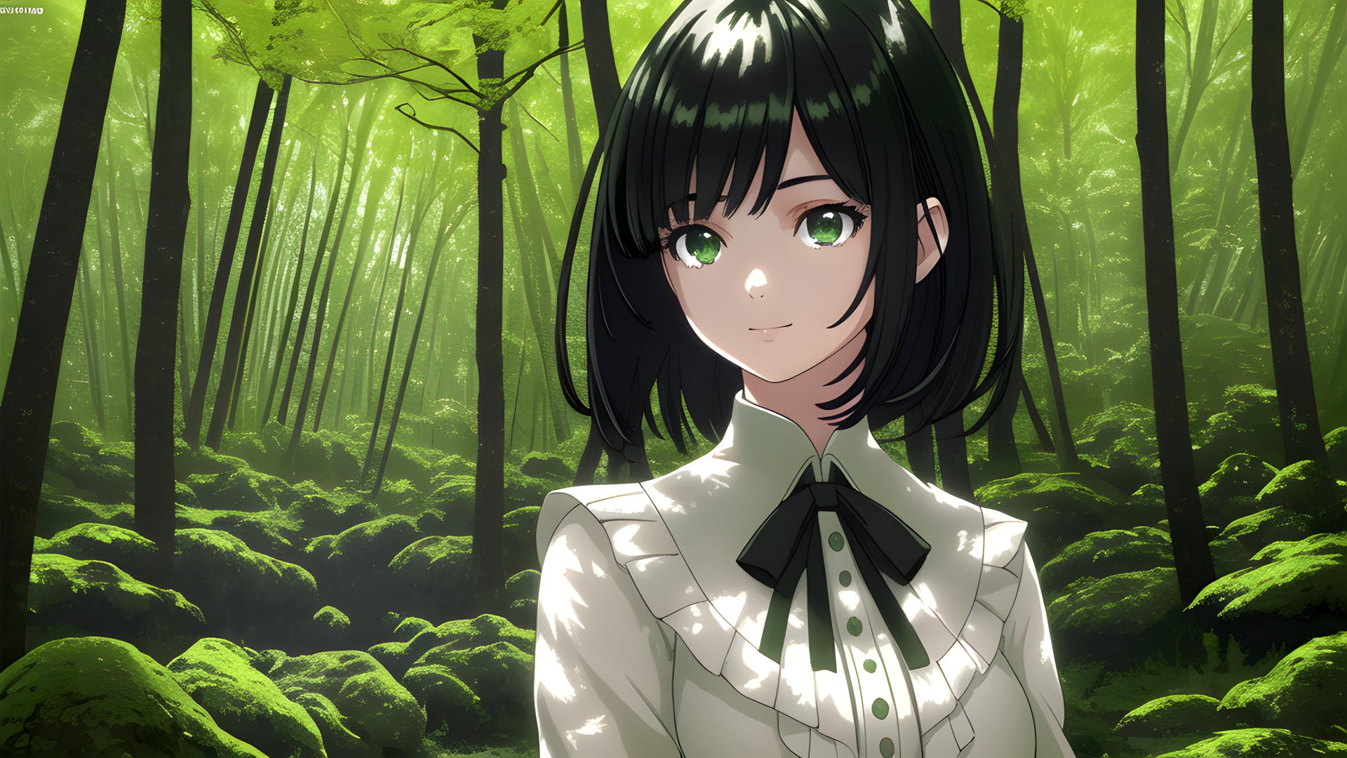 A 4K Ultra HD anime-style digital artwork of a girl with black hair and green eyes standing in a lush, green forest, blending AI art and anime aesthetics.
