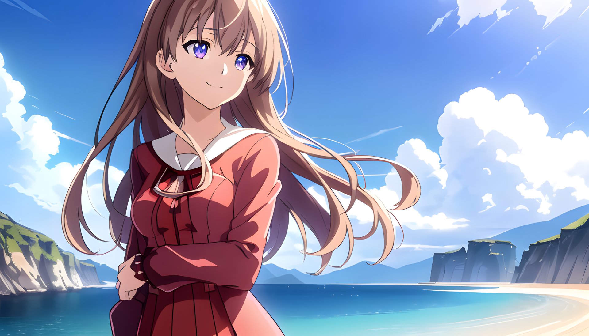 HD anime art of a thoughtful girl with long hair in a red dress, standing by the ocean under a bright blue sky, designed as a PC desktop wallpaper.