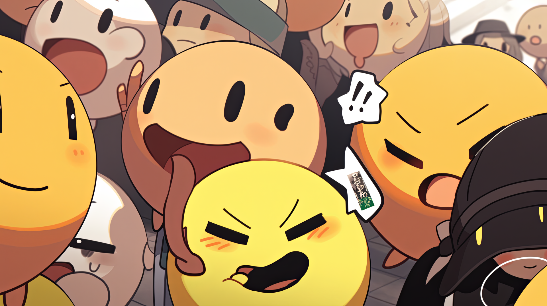A vibrant HD desktop wallpaper featuring playful, expressive emojis in a crowd, showcasing a funny and whimsical atmosphere that highlights the charm of AI art.