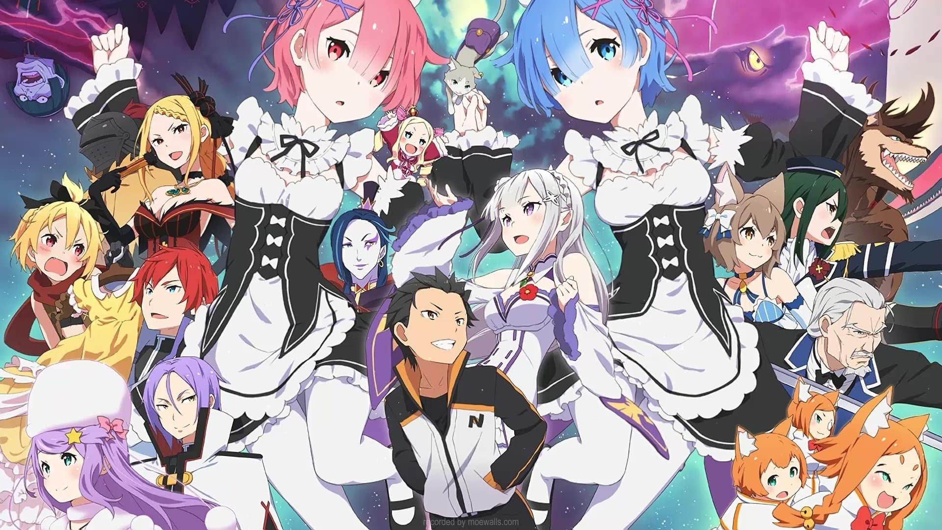HD PC desktop wallpaper featuring vibrant anime characters from Re:Zero - Starting Life in Another World in dynamic poses and detailed costumes.