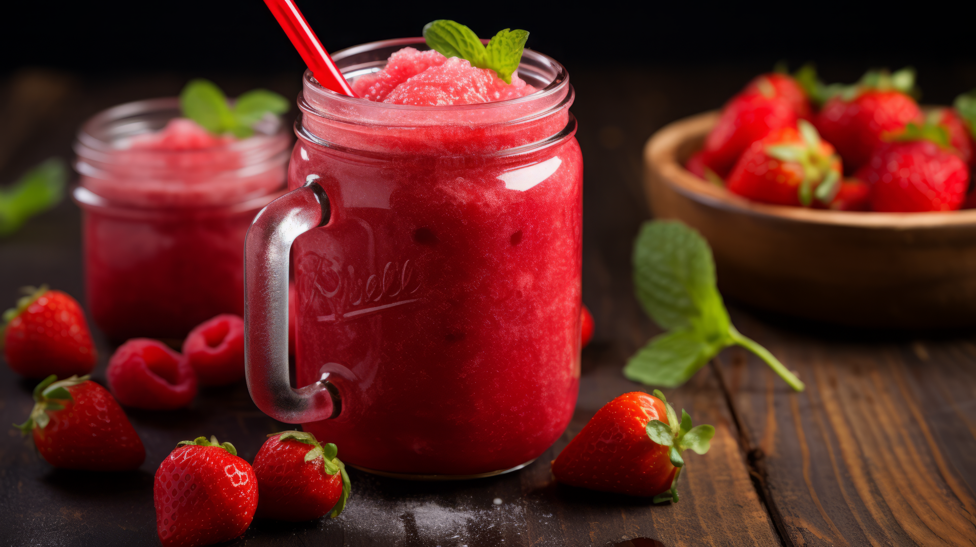 HD wallpaper of a refreshing strawberry daiquiri in a mason jar with a straw, garnished with mint alongside fresh strawberries and raspberries on a wooden surface.