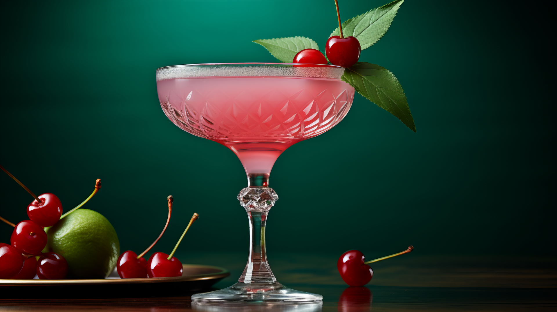 A refreshing daiquiri cocktail in an elegant glass garnished with cherries, set against a dark green background - HD AI art wallpaper.