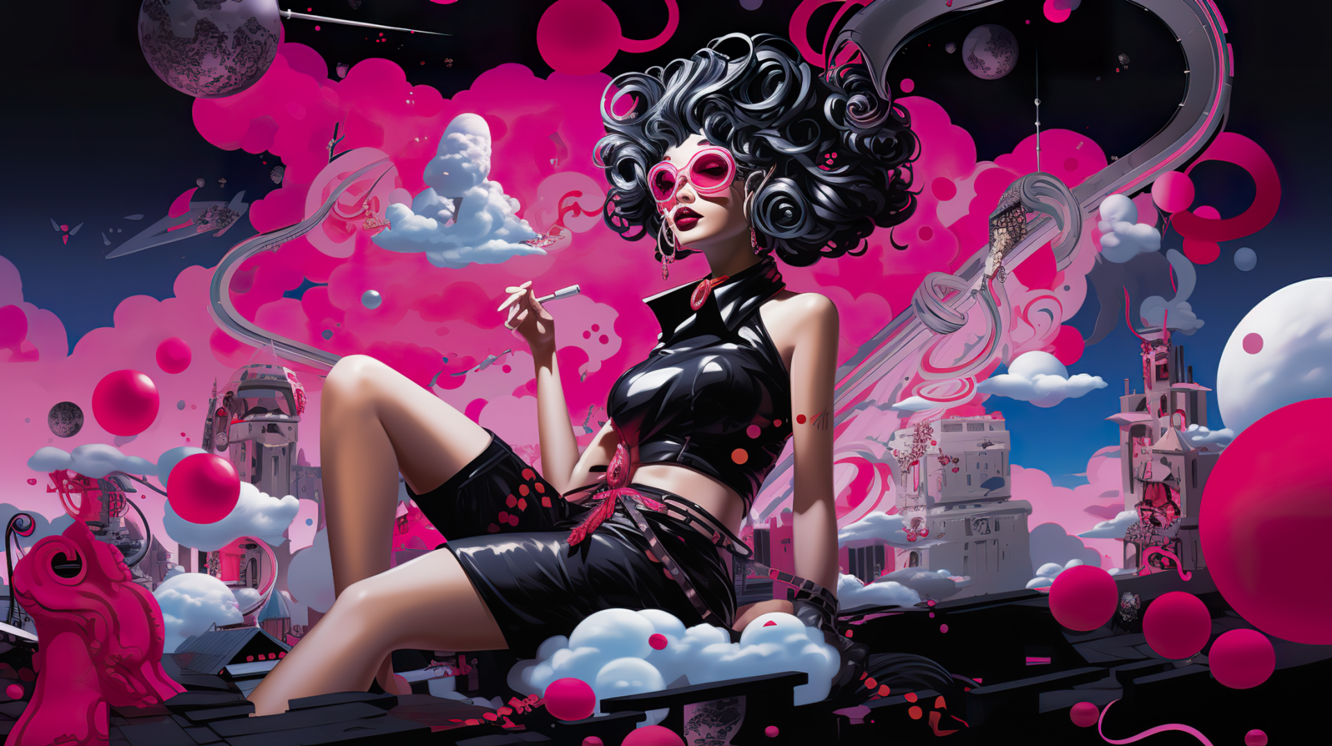 Artistic Y2K-inspired HD desktop wallpaper featuring a preppy, stylized illustration of a woman in chic attire, surrounded by whimsical pink clouds and futuristic city elements.
