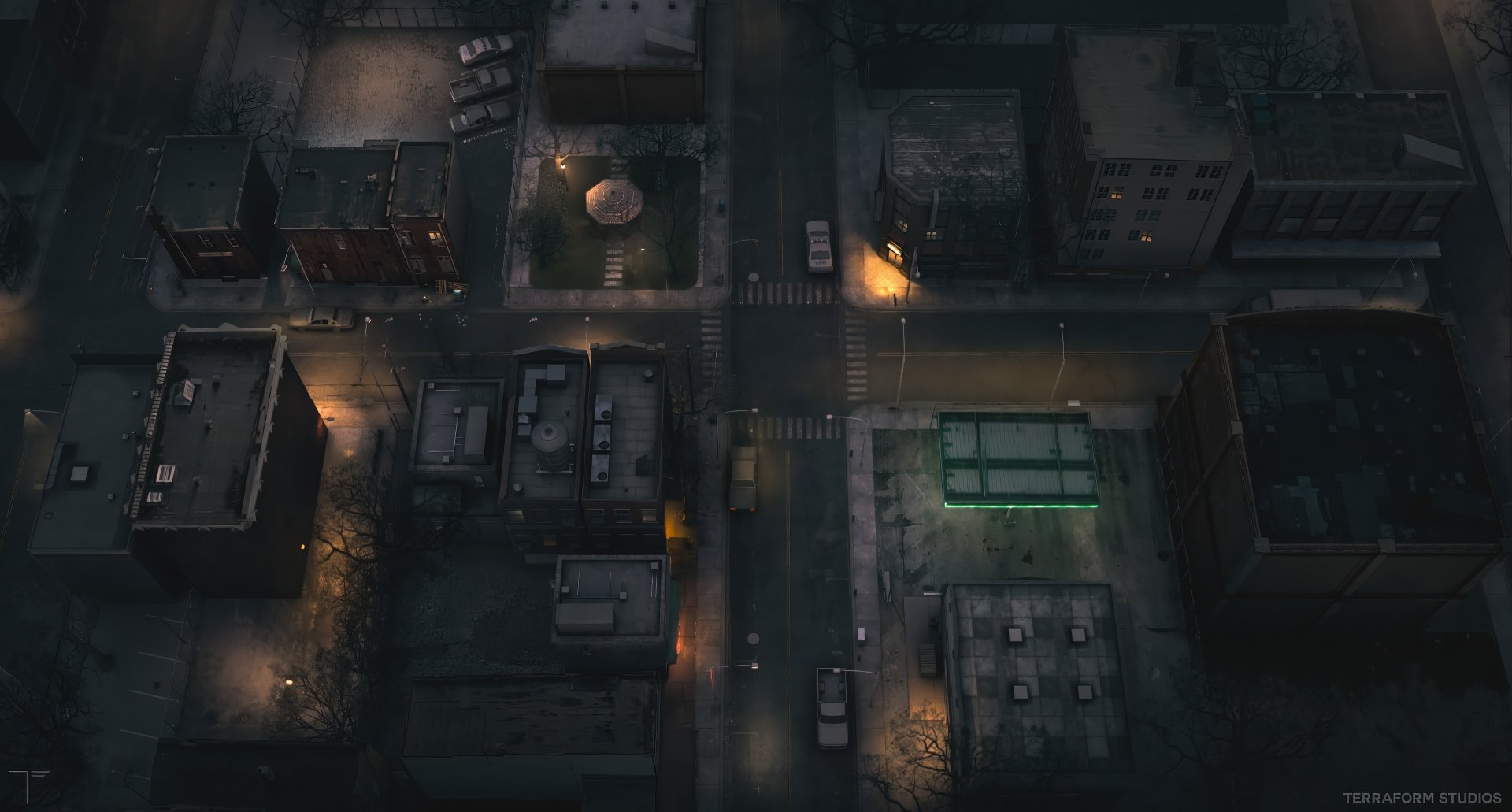 HD desktop wallpaper of Silent Hill: Ascension, featuring a bird's-eye view of a dimly-lit, eerie town at night with desolate streets and abandoned buildings.