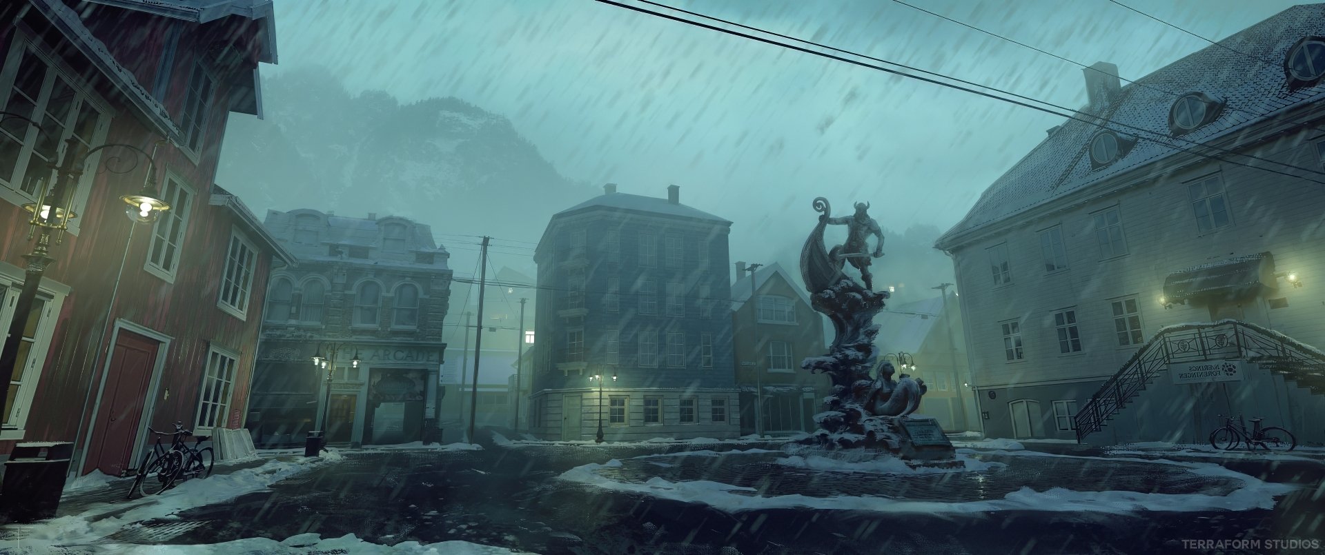 HD wallpaper of Silent Hill: Ascension featuring a haunting snowy town scene with an eerie statue centerpiece.