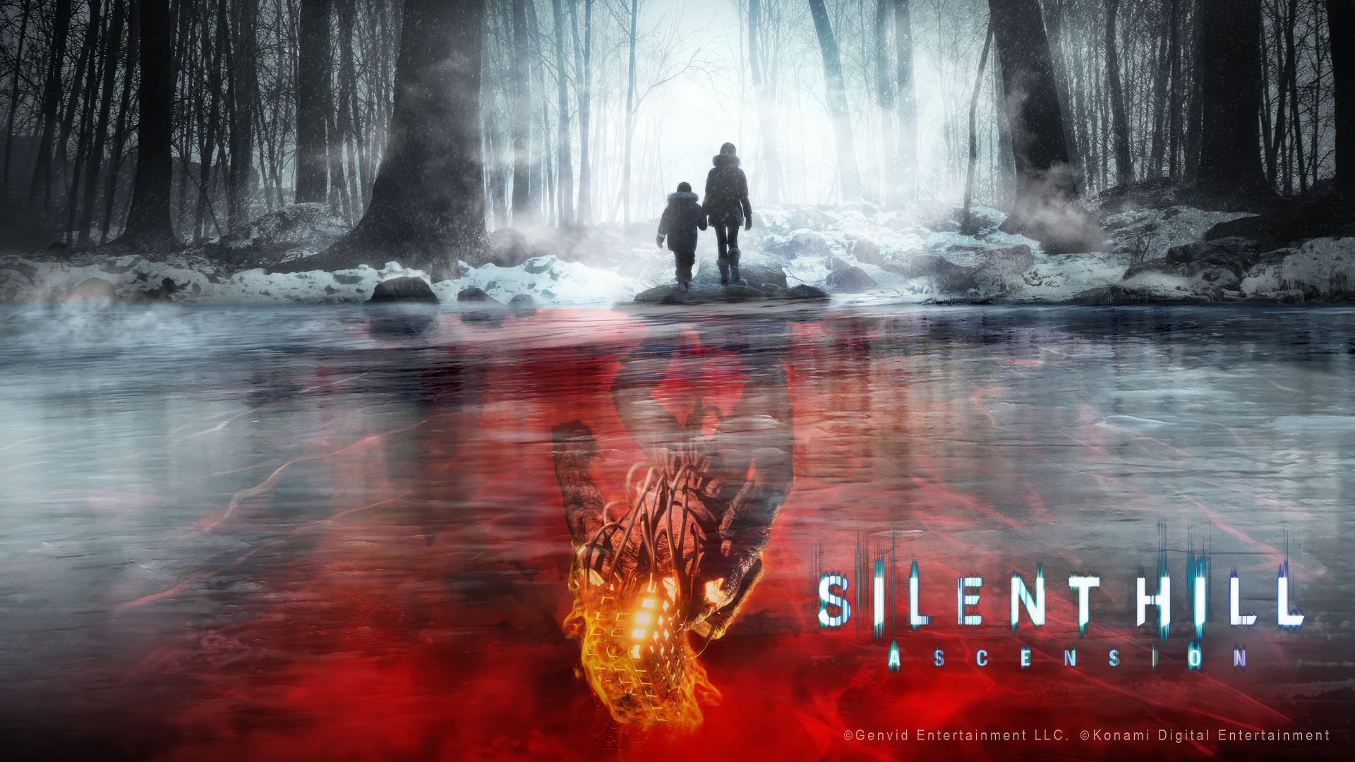 Silent Hill: Ascension HD desktop wallpaper featuring a mysterious figure standing in a foggy, winter forest with a haunting reflection on water.