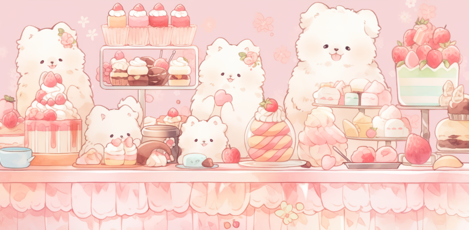 HD desktop wallpaper featuring an artistic, kawaii scene with cute, fluffy creatures in a pastel-toned dessert shop.