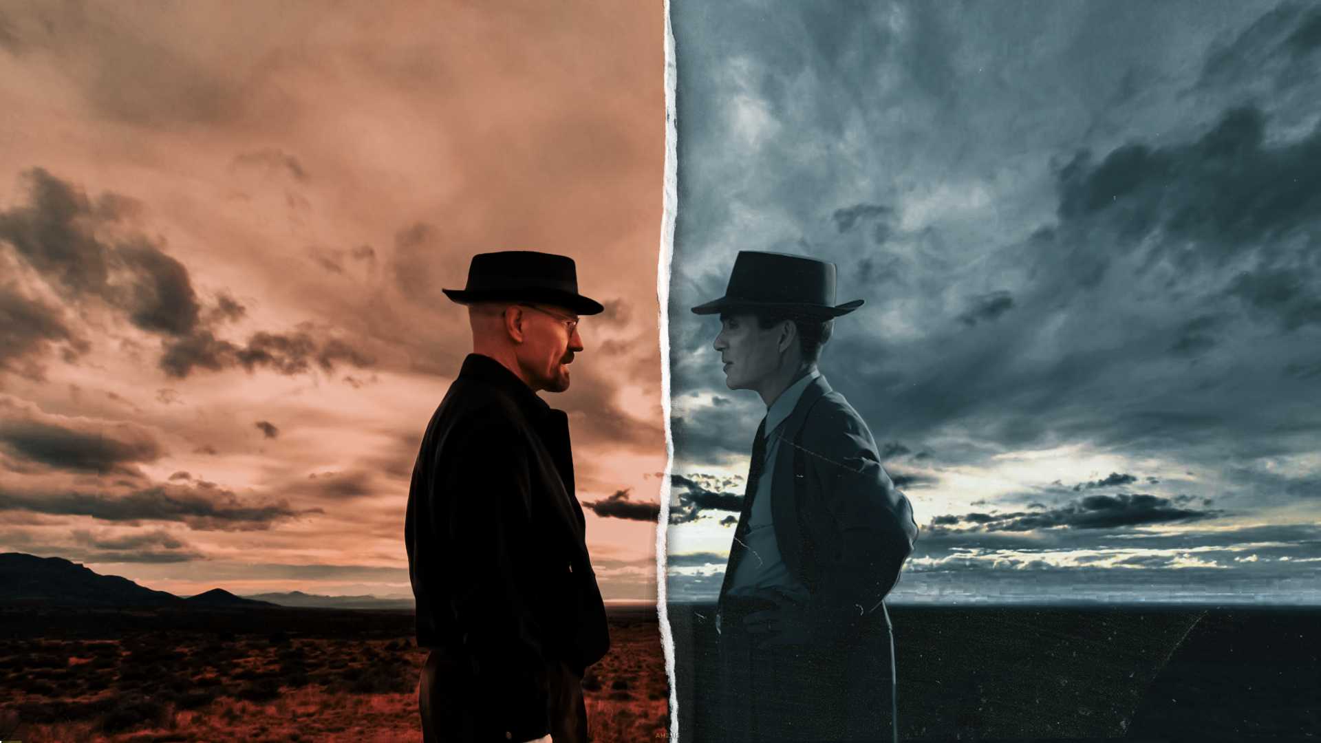 4K Ultra HD wallpaper featuring a striking split image of Walter White and Cillian Murphy as Robert Oppenheimer against contrasting sunset and cloudy skies.