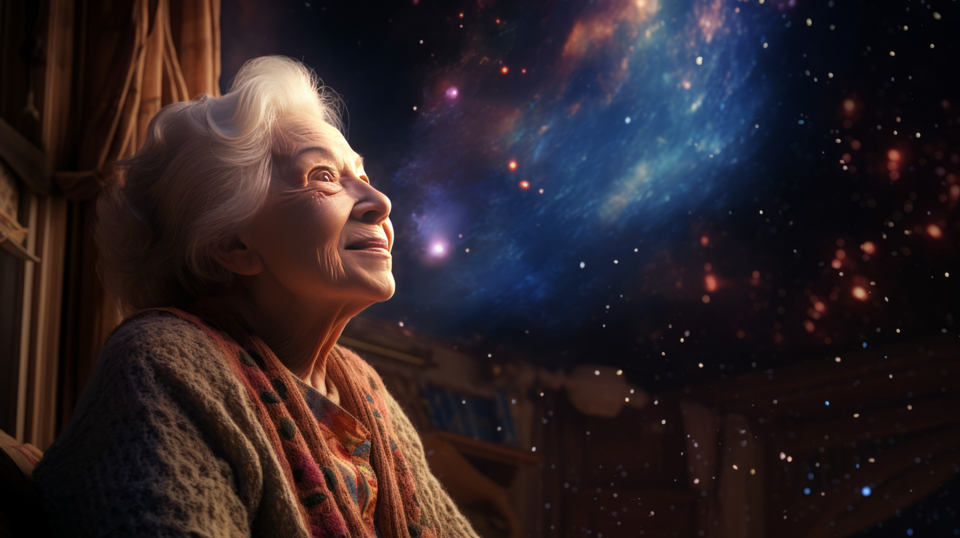 A stunning HD wallpaper featuring a grandmother gazing at the cosmos, combining warmth and wonder with vibrant AI-generated space elements in the background.