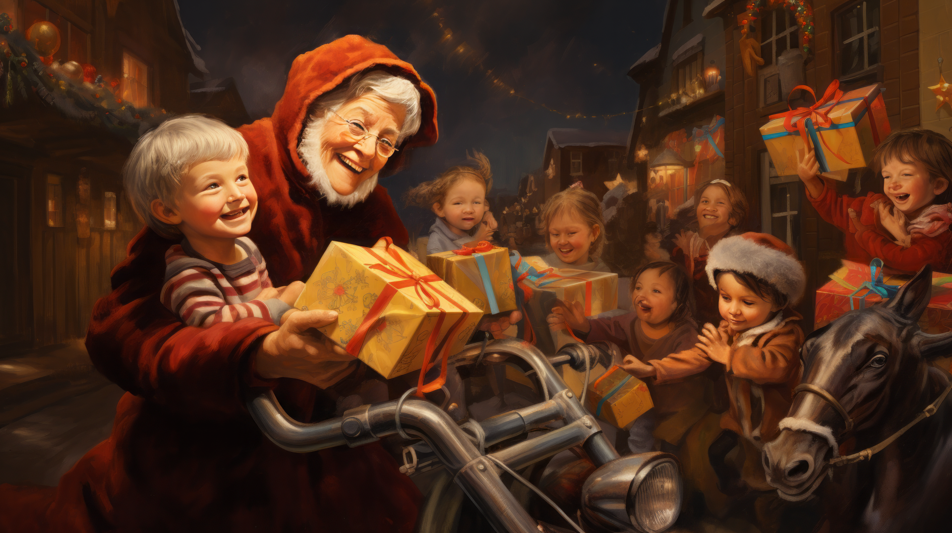 A joyful grandmother in a red hooded coat rides a bicycle, distributing gifts to excited children in a festive, illuminated village setting, creating a heartwarming holiday scene.