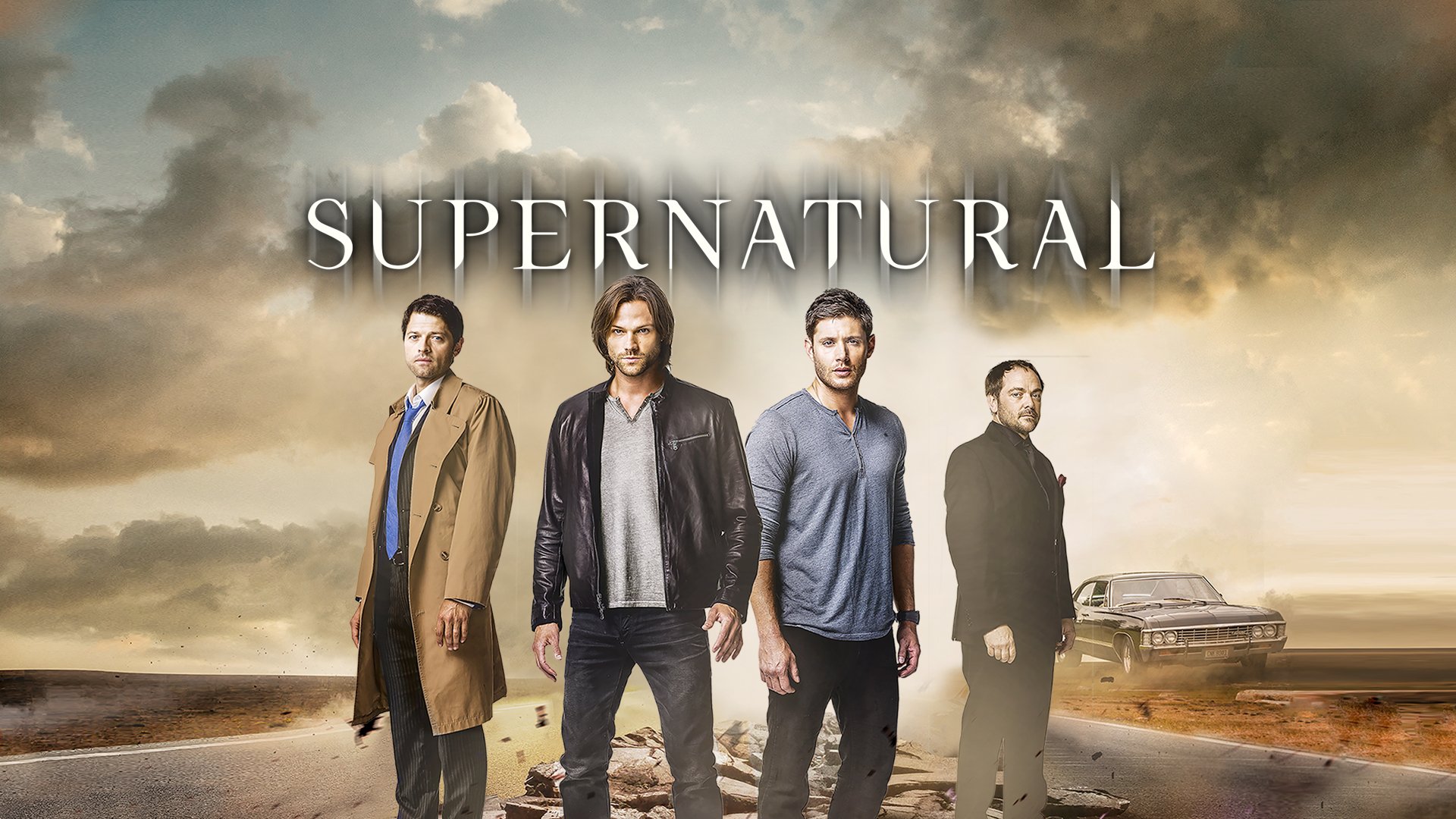 4K Ultra HD PC wallpaper featuring the main cast of the TV show Supernatural standing on a desert road with the iconic Impala under a dramatic cloudy sky.